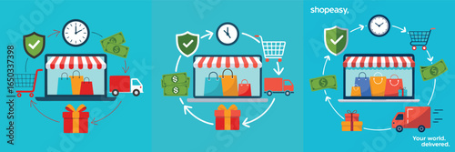 Online Shopping Illustration Secure Purchase, Timely Delivery, Cart, Laptop Storefront, Money, Truck, and Gift Box