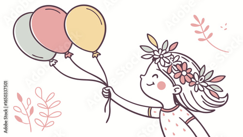 Joyful girl with flower crown, holding pastel balloons, whimsical line art style, cheerful and carefree mood, perfect for children's products, greeting cards, and celebrations.