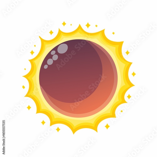 Minimalist flat vector icon showing a solar eclipse with glowing corona, symbolizing rare astronomical phenomena and cosmic beauty, isolated on a clean white background