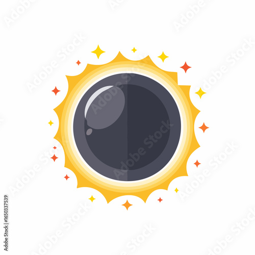 Minimalist flat vector icon showing a solar eclipse with glowing corona, symbolizing rare astronomical phenomena and cosmic beauty, isolated on a clean white background