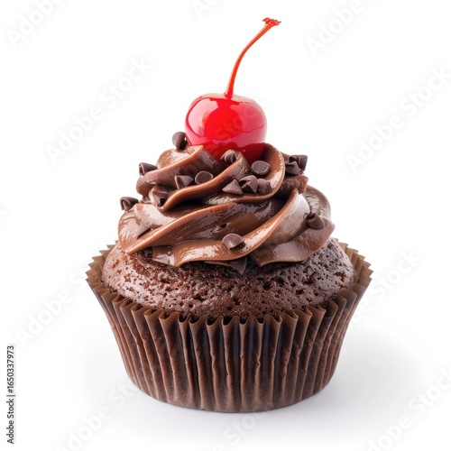 Chocolate cupcake topped with chocolate frosting and a cherry