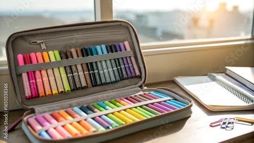 Set of colorful markers in fabric case, bright stationery on wooden desk by window with copy space