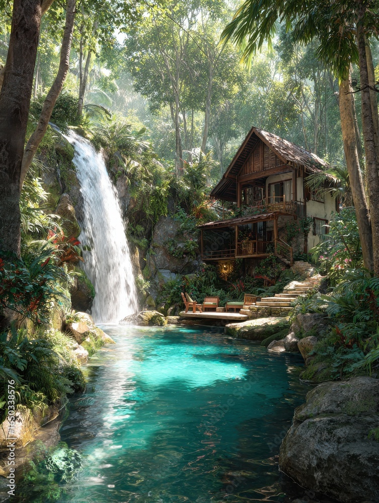 Naklejka premium tropical waterfall cascades into a glowing turquoise pool beside a serene wooden cottage in a lush forest setting