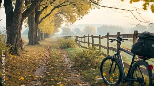 Bicycle parked on autumn country path with wooden fence and foggy landscape