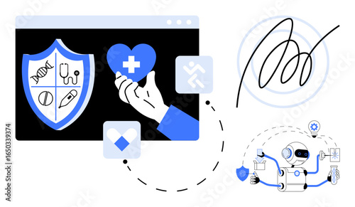 Health shield and protective icons, AI robot handling healthcare tasks, and medical signature. Ideal for health tech, AI, innovation, medical records, digital protection, robotics digital care