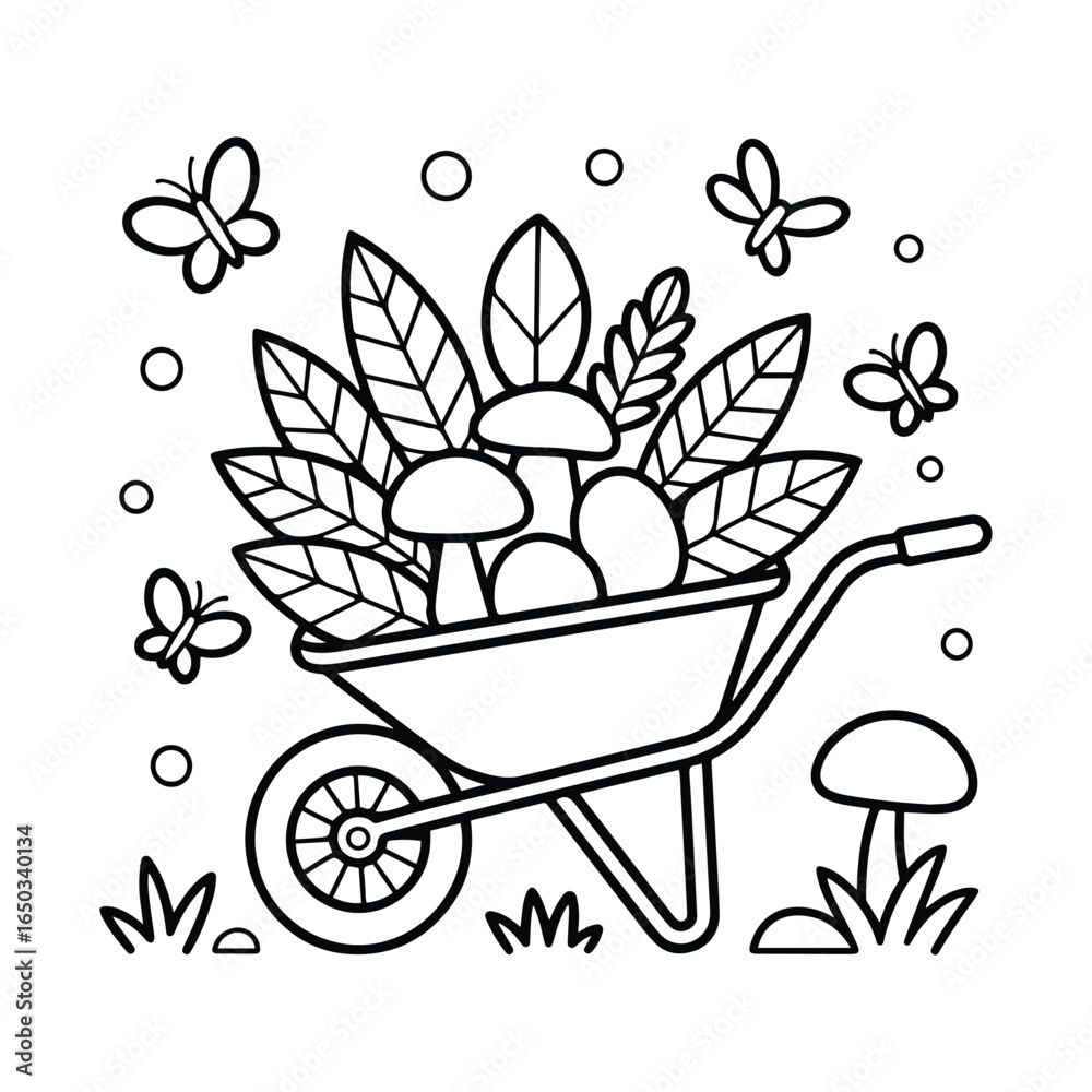 Fototapeta premium Wheelbarrow Full of Flowers – Fun Garden Coloring Page for All Ages, Easy, line art vector illustration, Coloring Pages for Kids & Adults