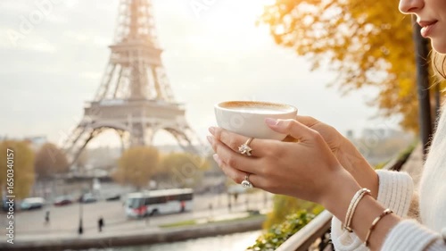 Woman with calm mood holding a cup of coffee against Eiffel Tower backdrop