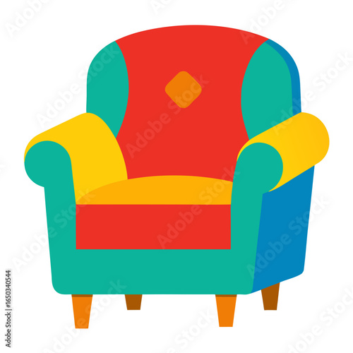 A colorful armchair with red yellow blue and teal upholstery featuring a diamond pattern on the backrest