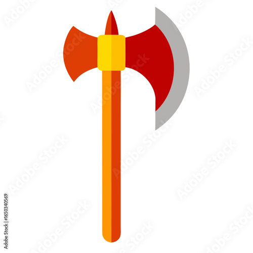Stylized flat design double bitted battle axe with red and orange hues on a black background
