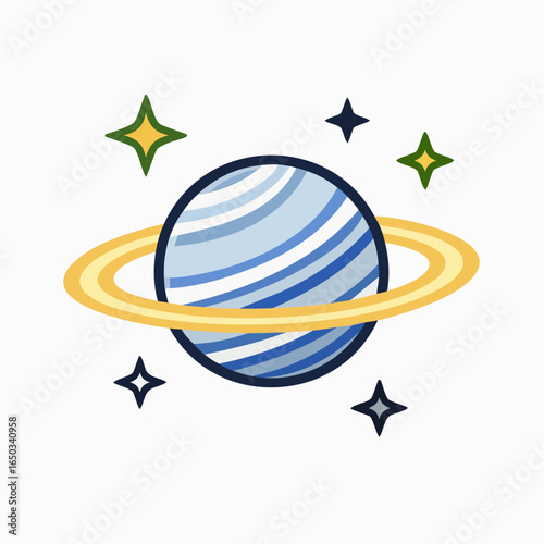 Flat vector icon of a distant exoplanet with rings and background star, representing deep space exploration and cosmic discovery, isolated on white