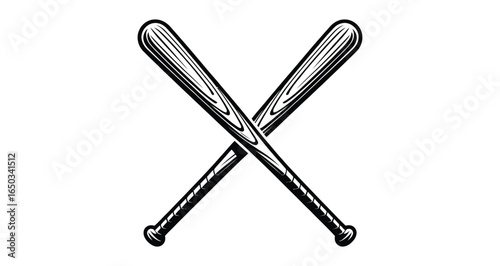 crossed baseball bats icon in black and white vintage style isolated on white background, sports equipment symbol for team game and competition