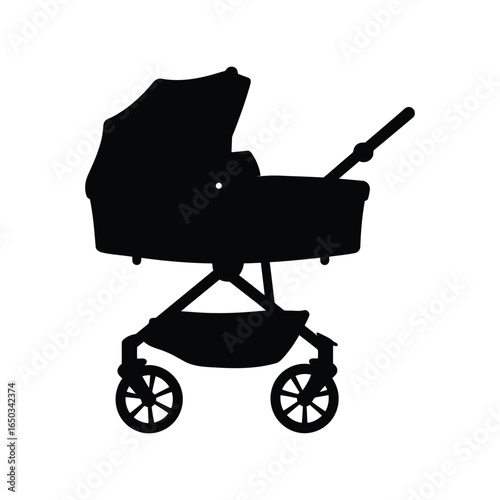 Black silhouette baby stroller pram carriage infant transport child carrier newborn gear isolated vector