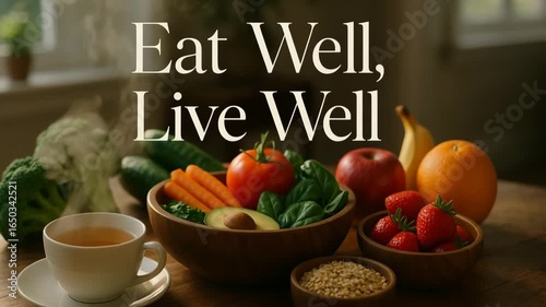 Healthy lifestyle composition with fresh fruits, vegetables, and tea, warm natural colors, Eat Well Live Well words + concept