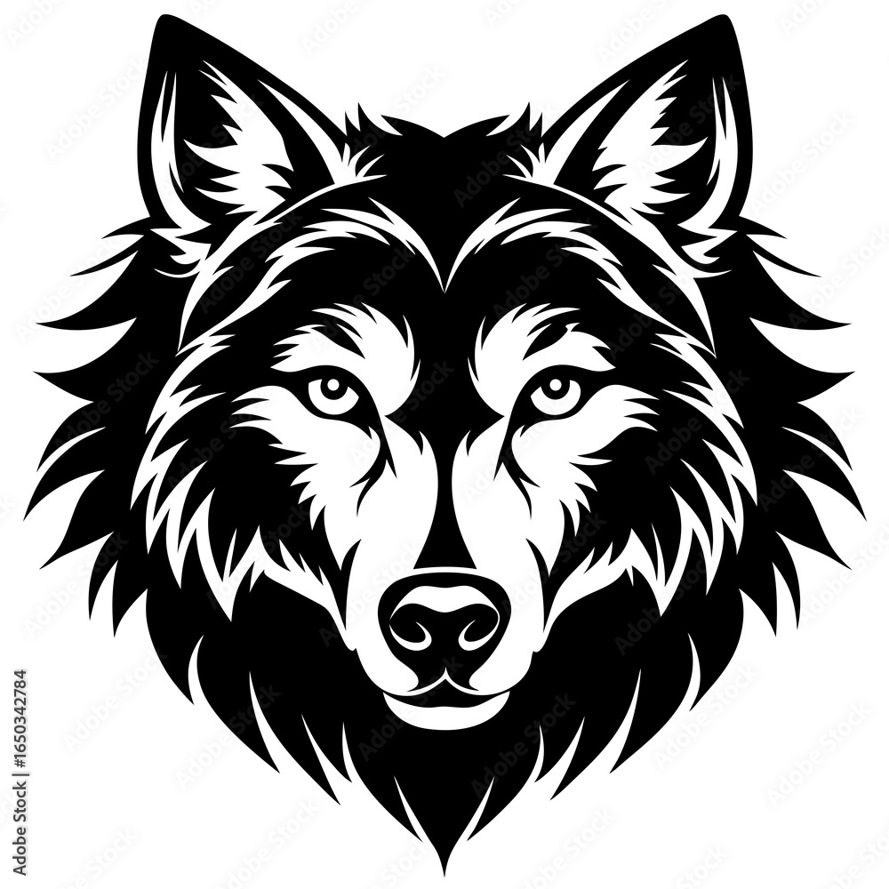 Naklejka premium Intense wolf face graphic, powerful symbol of wilderness, courage, and strength perfect for design projects