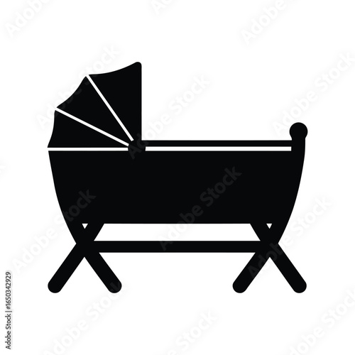 Black silhouette baby bassinet newborn cradle infant bed nursery furniture sleeping icon isolated vector graphic