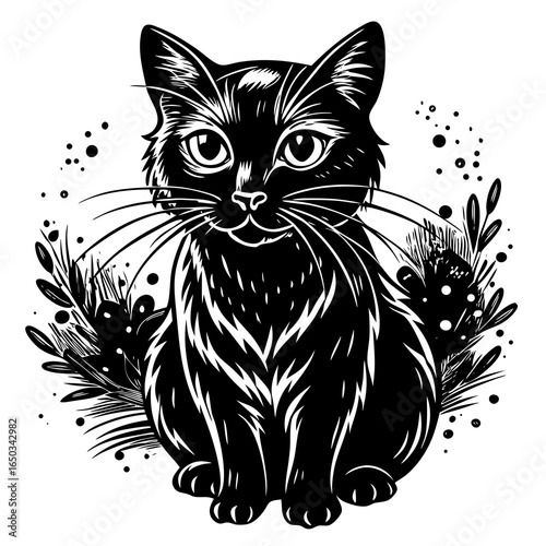 Charming black cat illustration surrounded by decorative floral elements, perfect for pet lovers and creative projects