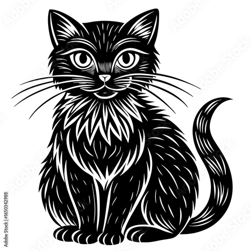 Charming black cat illustration with detailed linework design, perfect for pet lovers and creative projects, evokes joy and playful energy