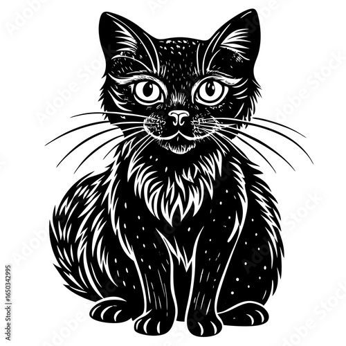 Charming black and white cat illustration with detailed fur and whiskers, perfect for pet lovers and creative projects