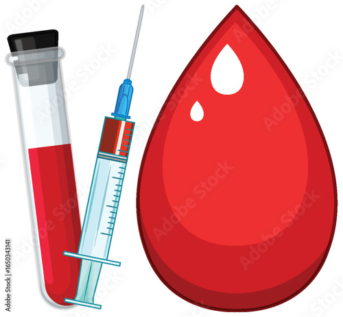 Blood Drop, Syringe, and Test Tube Vector Illustration