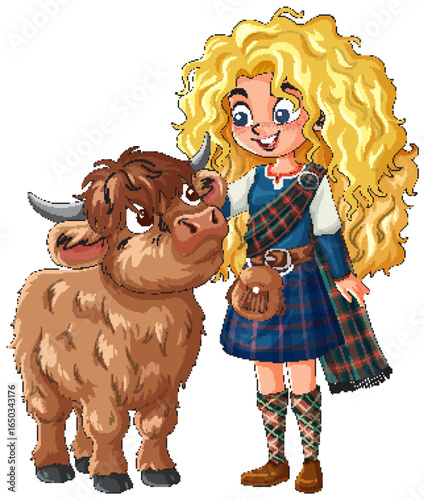 Scottish Girl Petting Highland Cow Cartoon Illustration