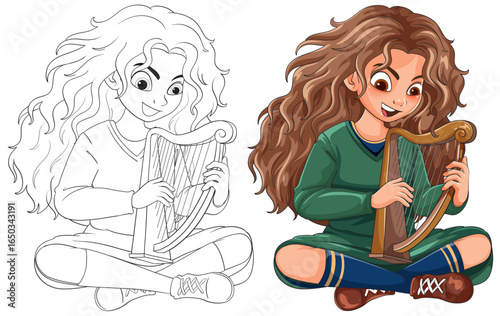 Curly-Haired Girl Playing Celtic Harp Illustration
