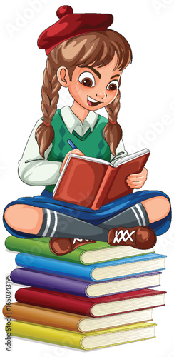 Girl Writing in Notebook While Sitting on Books