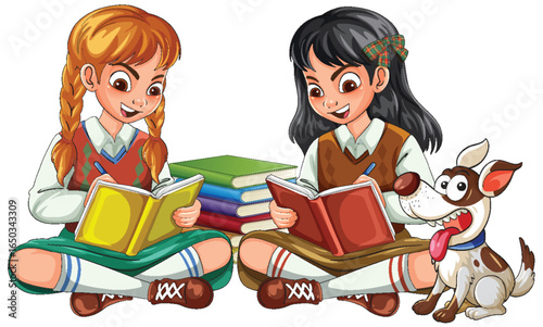 Two Schoolgirls Reading Books With Dog Companion