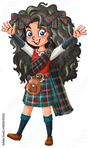 Smiling Girl in Traditional Scottish Highland Dress with Arms Raised