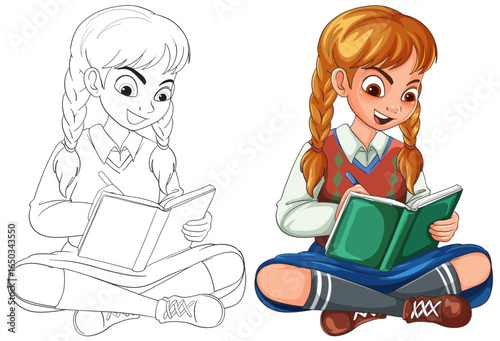 Schoolgirl with Braids Reading and Writing in Notebook