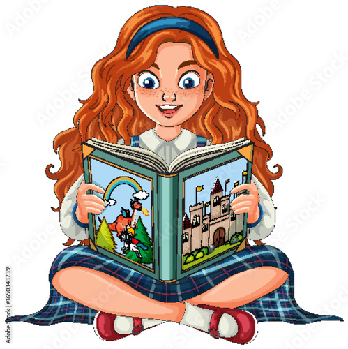 Red-Haired Girl Reading Storybook in Plaid Skirt