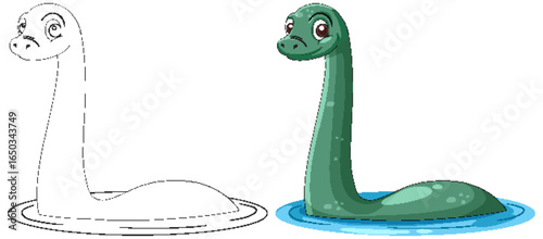 Cartoon Loch Ness Monster in Water with Outline Version