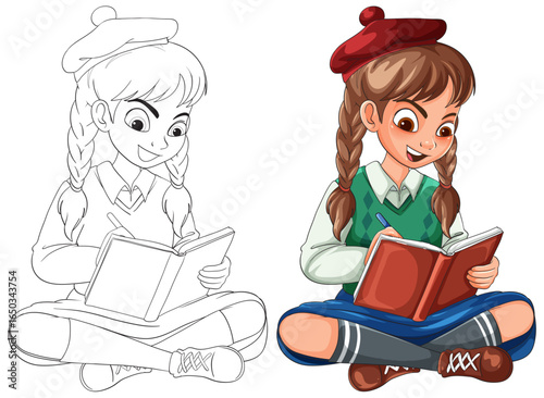 Scottish Schoolgirl Reading Book with Braided Hair