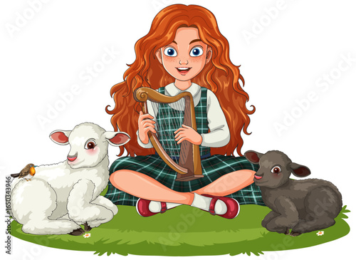 Red-Haired Girl Playing Harp with Lambs Outdoors