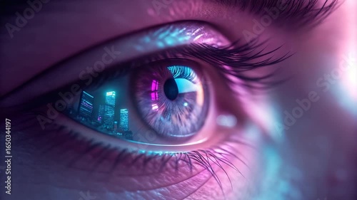 Close-up of a human eye with futuristic neon glow, reflecting digital cityscape, cyberpunk style