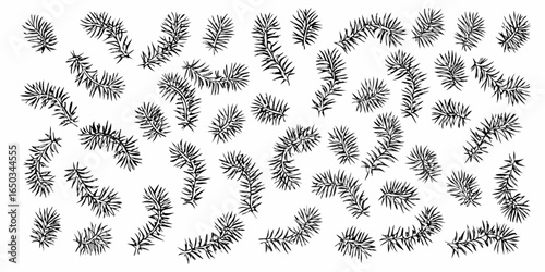 Vector scattered pine branches in black and white create a natural and festive background design element pattern