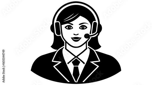 Vector illustration of a woman with headset in black and white wearing a suit and tie smiling at the viewer