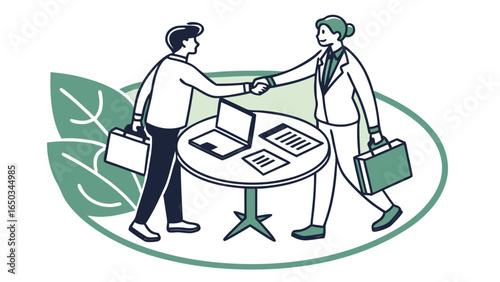Vector two business people shaking hands over a table with a laptop and documents on a leaf background