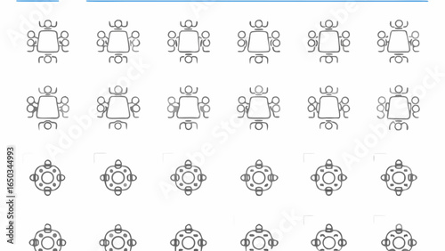 Vector arrangement of meeting tables with chairs and round tables in a grid pattern on a white background view