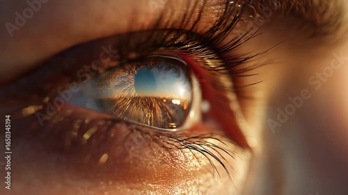 Close-up human eye, warm reflective mood, capturing sunset landscape against glowing horizon backdrop