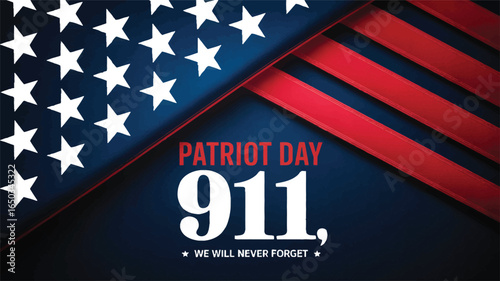 9/11 patriot day banner with bold stars and red stripes on dark background, we will never forget tribute design for september 11 remembrance