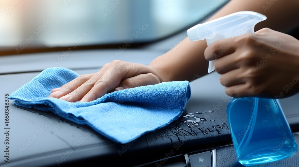 Obraz premium Person cleaning car dashboard with blue microfiber cloth and spray bottle, automotive interior maintenance and car care detailing concept