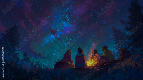 Tapety artystyczne A group of friends having a heart-to-heart conversation around a campfire under the stars