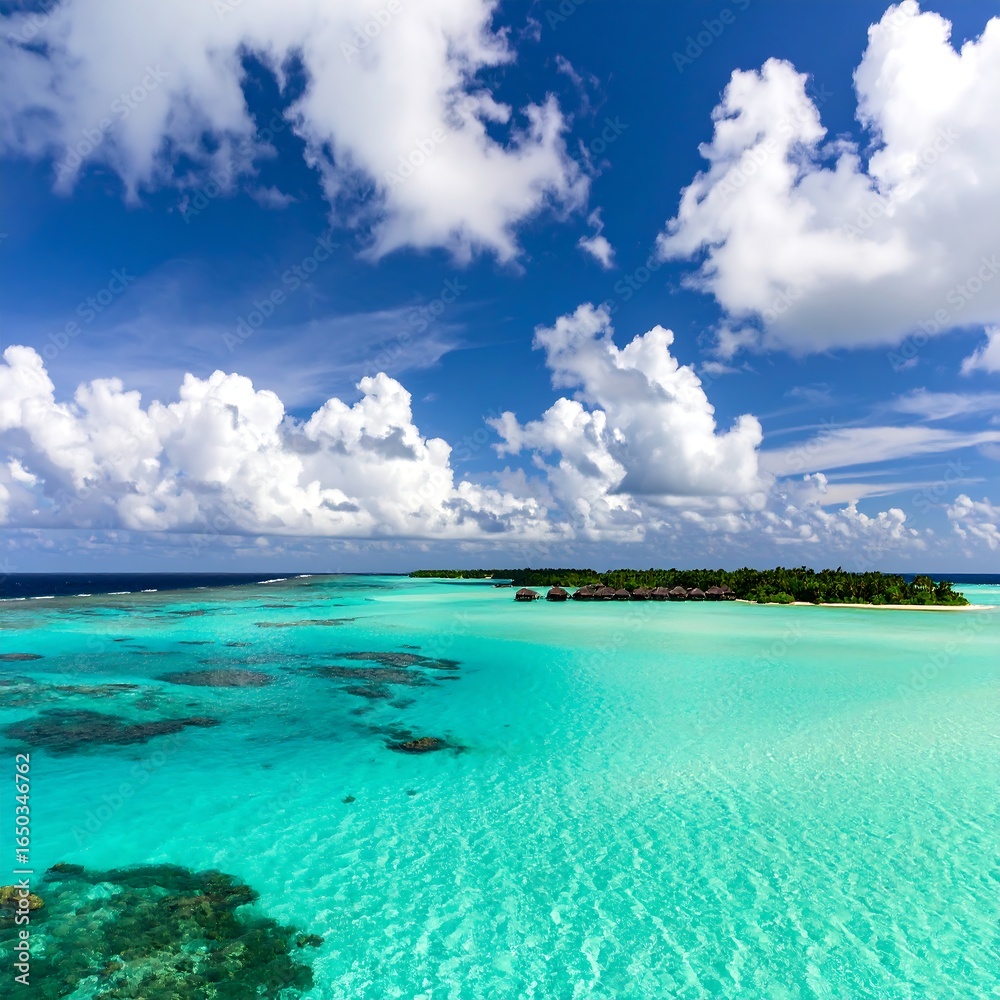 Obraz premium Idyllic tropical island scene; turquoise water, white sand, and fluffy clouds