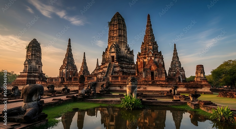 Obraz premium Majestic Ayutthaya Historical Park at Sunrise: An Ancient Kingdom Temple Complex