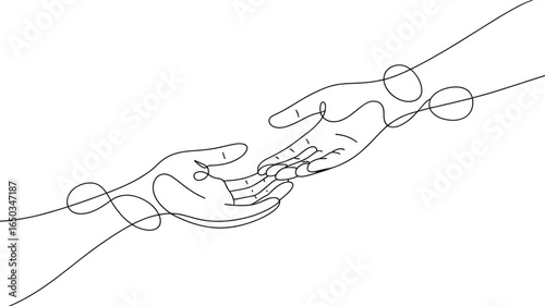 continuous line drawing of two hands reaching out, symbol of support, connection, empathy, trust, minimalist style, vector illustration