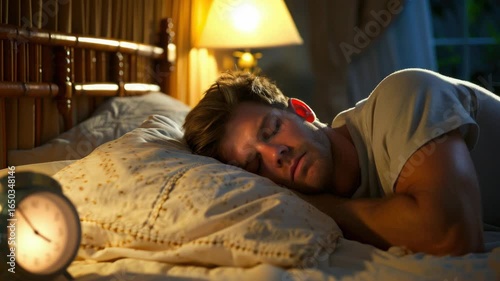 A man is seen peacefully sleeping in a well-made bed, exuding tranquility and comfort.