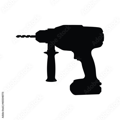 Black silhouette of a cordless drill with drill bit isolated on white background