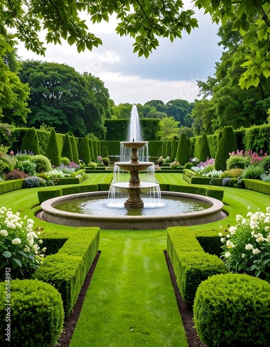 Formal garden with central fountain, manicured hedges, and vibrant flowers