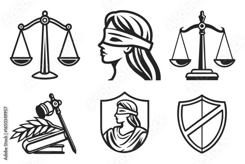 Law and justice element set isolated on white background