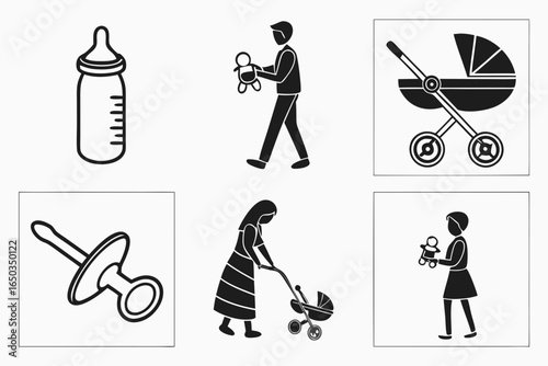 Baby and parenting icons set isolated on white background in a square shape